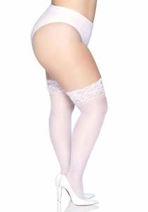 Legwear: Leg Ave Plus Size Elastane Sheer Stay Up Thig High with Lace Top White