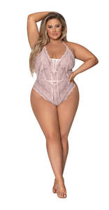 Plus Size: Exposed Seabreeze Lace & Mesh Teddy Blush Queen M282
