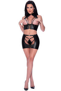 Exposed: Exposed Lust Ambrosia Corseted Halter Open Back Skirt & G-String Set Black L/XL