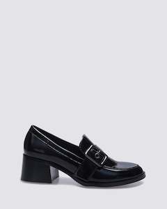 Loafers: JAGER HEELED LOAFERS BLACK CRINKLE