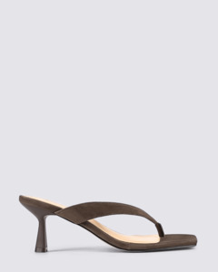 Siren Shoes: SARDINIA THONG HEELS CHOCOLATE BROWN SUEDE