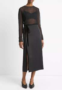Skirts: Velvet Trim Side Slit Skirt - Black