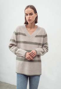 Aleger Cashmere: N.327 Cashmere Blend Stripe V Neck - Woodland