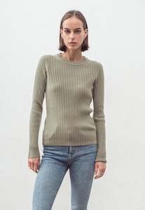 Aleger Cashmere: N.289 Cashmere Ribbed Long Sleeve Tee - Dark Moss
