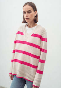 N.327 Cashmere Blend Stripe V Neck - Pink Flash