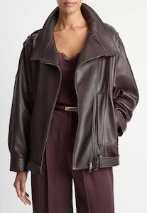 Leather Oversized Biker Jacket - Dark Fig