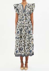 Kairi Flutter Sleeve Midi Dress - Porcelain