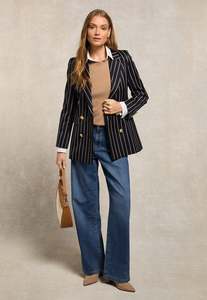 Blazers Coats: Double Breasted Blazer - Ink Navy Wide Stripe