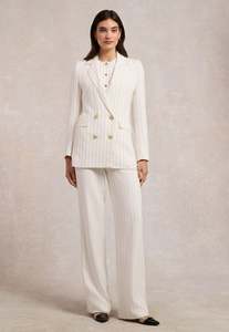 Double Breasted Blazer - Oyster Linen Pinstripe