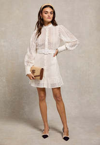 Black Friday Sale: Collarless Broderie Mini Dress - White