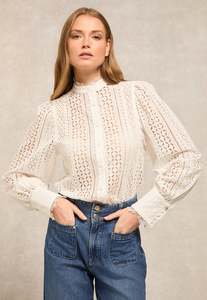 Collarless Broderie Shirt - White
