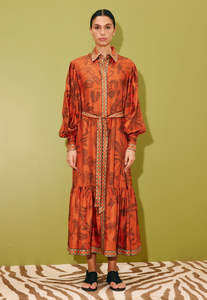 Monkey Dance Silk Shirtdress - Rust