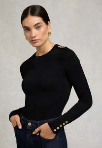 Holland Cooper: Buttoned Knit Crew Neck - Black