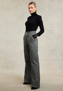 High Waisted Wide Leg Trouser - Wide Tooth Black Herringbone