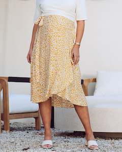 Maternity Skirts Sale: Christie Maternity Wrap Midi Skirt in Yellow Animal Print