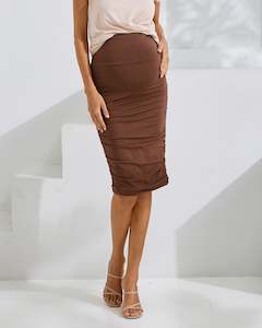 "The Ruched" Maternity Midi Skirt in Brown