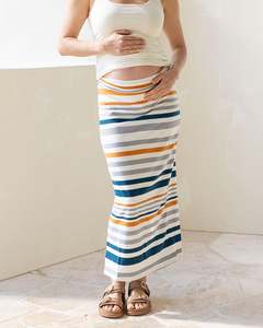 Summer Stripes: Fitted Maternity Maxi Skirt - Orange and Blue Stripe
