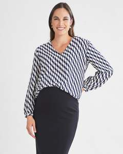 Back To Work: Ashley Geometric Wave-Print V-Neck Long-Sleeve Blouse
