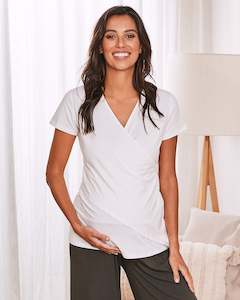 Maternity Essentials: Maternity & Nursing Crossover Short Sleeve Tee in White Bamboo