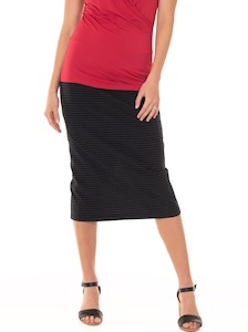 Maternity Petite Size: Maternity Midi Straight Cut Skirt - Black & Grey Marle Stripes