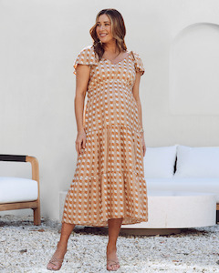 Maternity Floral Dress: Layla Maternity Ruffled Dress in Sandstone Stripe