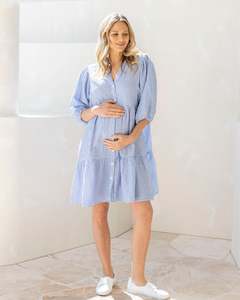Freya Maternity Tiered Linen Shirt Dress In Stripe