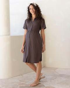 Poppy Maternity Linen Shirt Dress- Brown