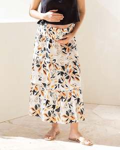 Angel Maternity Brand: Ellie Maternity Shirred Maxi Skirt in Orange Leaf