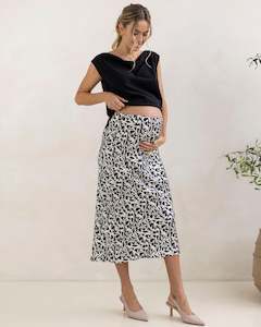 Maternity Work Skirts: Satin Maternity Midi Skirt in Abstract Print