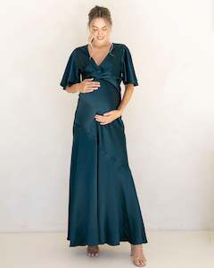 Maternity Party Dress: Camille Maternity V Neck Evening Dress in Hunter Green