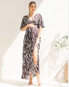 Maternity Party Dress: Margaux Maternity Evening Maxi Dress in Chocolate Zebra Print