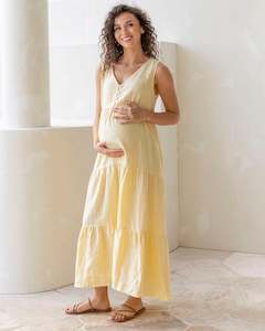 Maternity Maxi Dresses: Kiara Linen Maternity Maxi Dress in Lemon