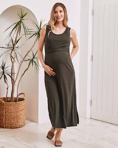 Maternity Maxi Dresses: Martina Maternity & Nursing Maxi Dress in Khaki