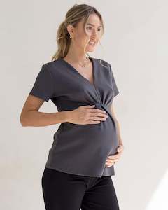 Maternity Corporate Wear: Sabine Soft Ponte Maternity V-Neck Work Top in Slate Grey