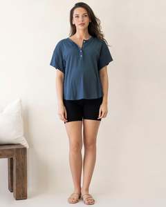 Maternity Casual Tops: Zara Ribbed Short Sleeve Maternity Top In Slate Blue