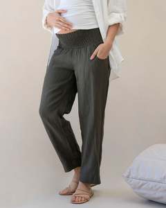Pamela Linen Tailored Maternity Pants in Khaki