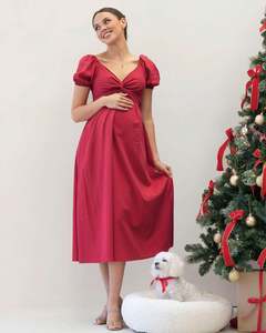 Fabia Reversible Tie Maternity Cotton Dress In Noel Red