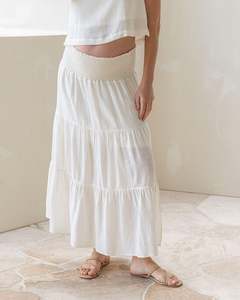 Ellie Maternity Shirred Maxi Skirt in White