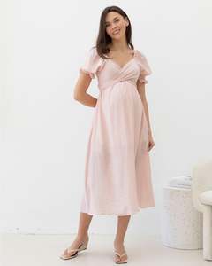 Fabia Reversible Tie Maternity Cotton Dress In Soft Pink