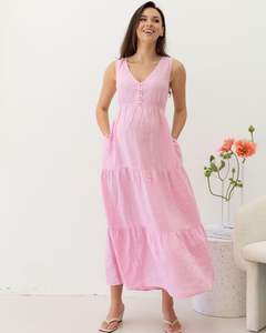 Kiara Linen Maternity Maxi Dress in Pink