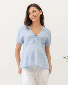Summer: Brigitte Maternity Linen Blouse Top - Baby Blue
