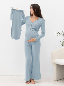 Angel Maternity Brand: 3-Piece Isabelle Maternity Sleepwear PJ set - Blue