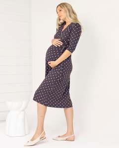 Work From Home: Eve Maternity Midi Wrap Dress in Brown Polka Dots