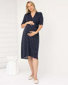 Eve Maternity Midi Wrap Dress in Navy Polka Dots