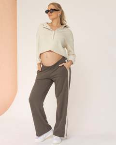 Ines Colour Contrast Side Cotton Maternity Pants In Khaki