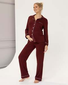 Pyjamas: Larah Maternity Long Sleeve Winter Pyjama Set in Burgundy