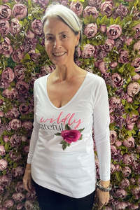T Shirts: Basic Tee Long Sleeve Wildly Grateful - White - Pink Flower