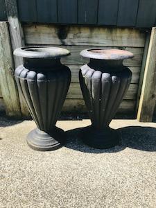 Planters: Pair of very large heavy antique cast iron garden urns