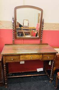 Furniture: Oak Dressing Table with Mirror and Barley Twist legs