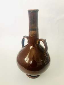 Double Handled Brown Pottery Stem Vase